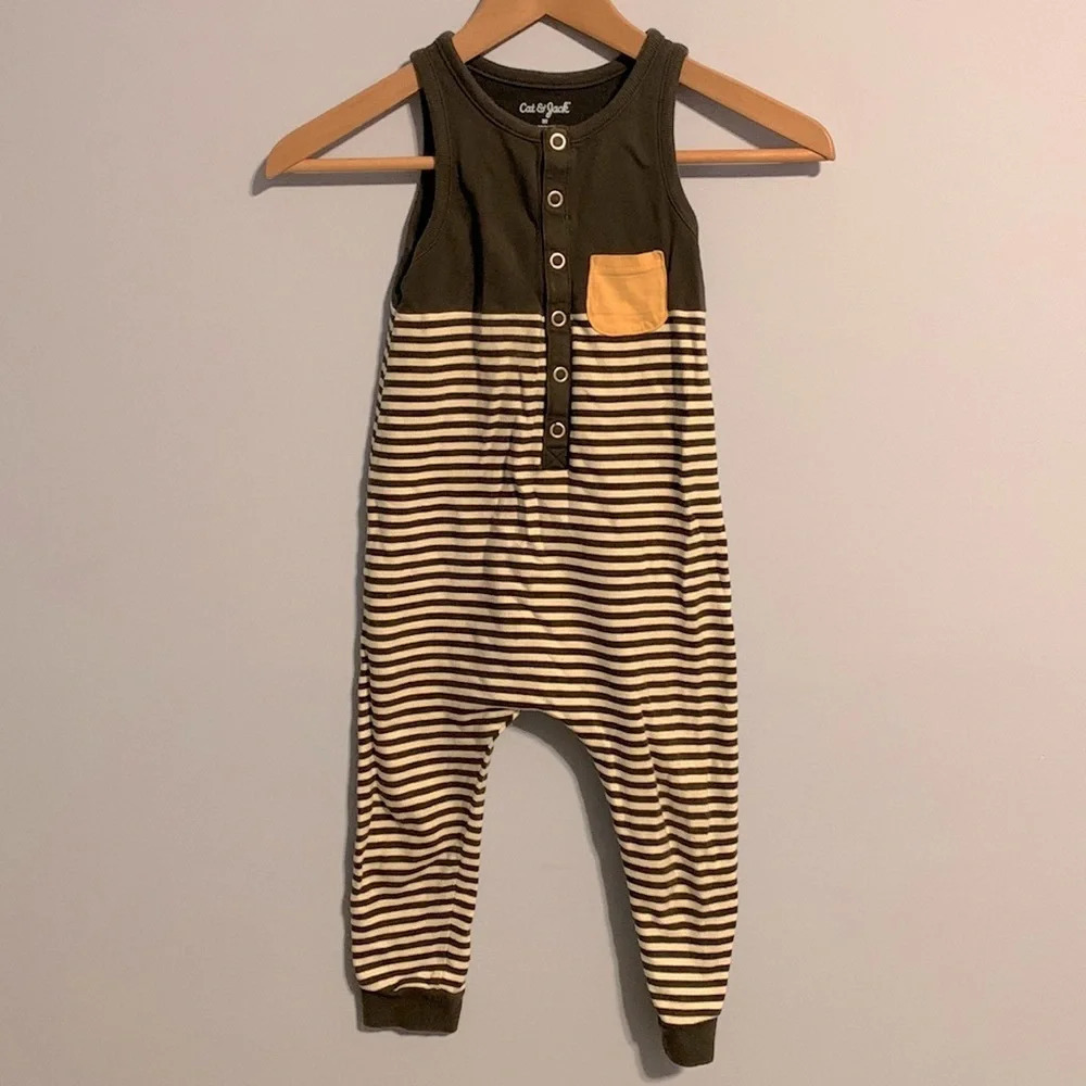 Cat and Jack sleeveless one piece romper stripes yellow pocket gray and white